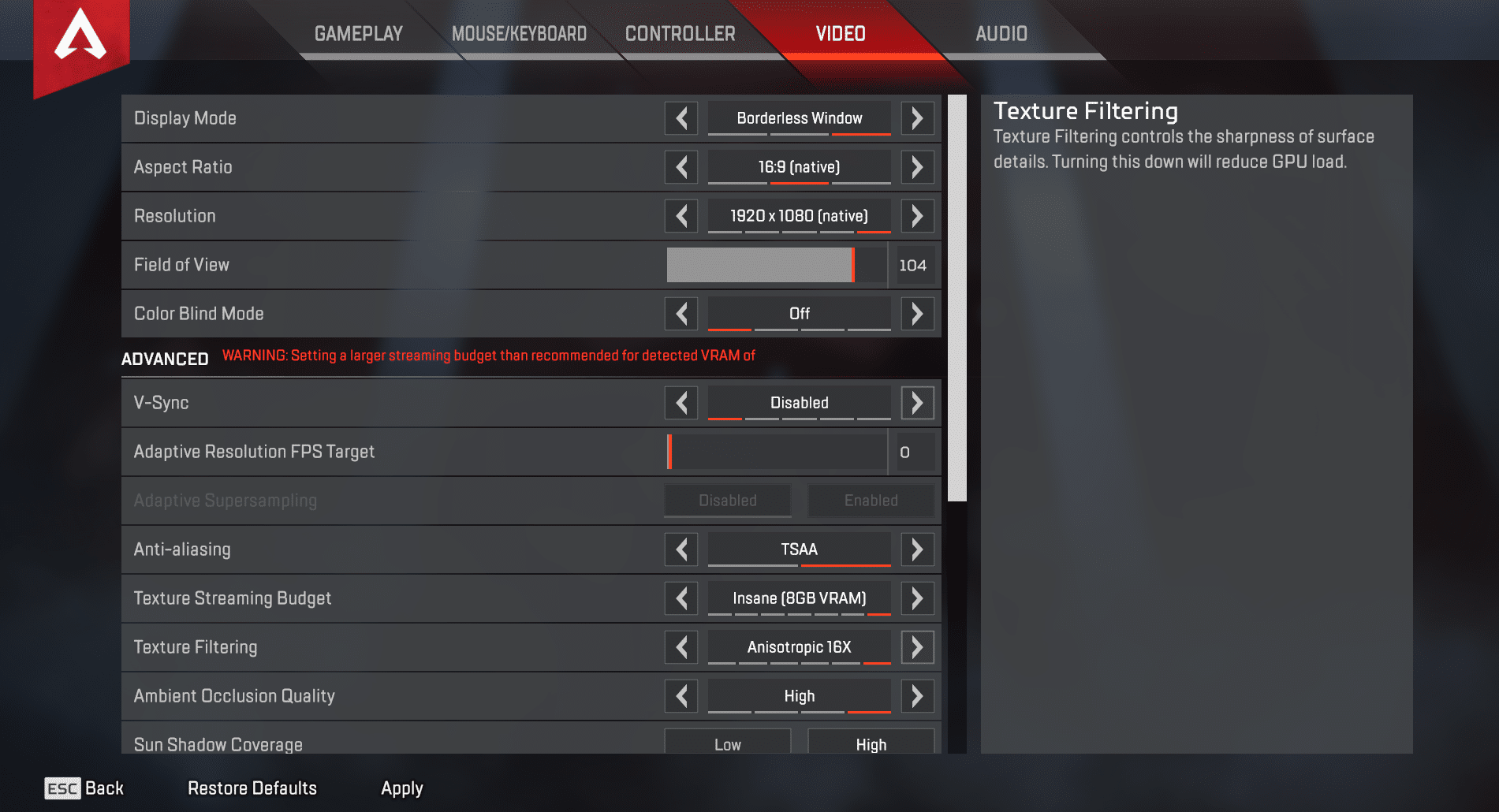 Ninja Apex Legends Video Settings